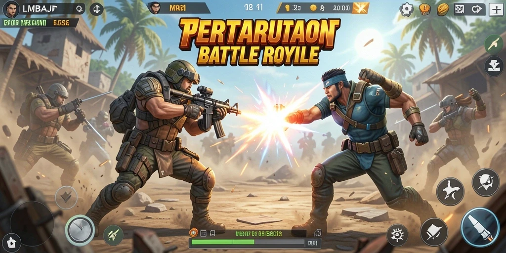 Screenshot gameplay LMBAJP menampilkan aksi pertempuran intens dalam Battle Royale.