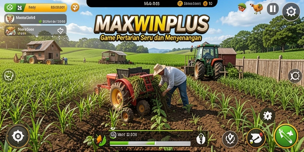 Screenshot gameplay MAXWINPLUS menampilkan aktivitas pertanian yang menyenangkan.