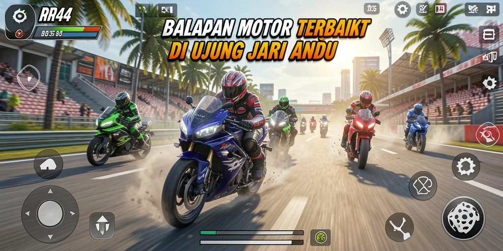 Tampilan gameplay RR44 dengan motor balap di lintasan menantang.